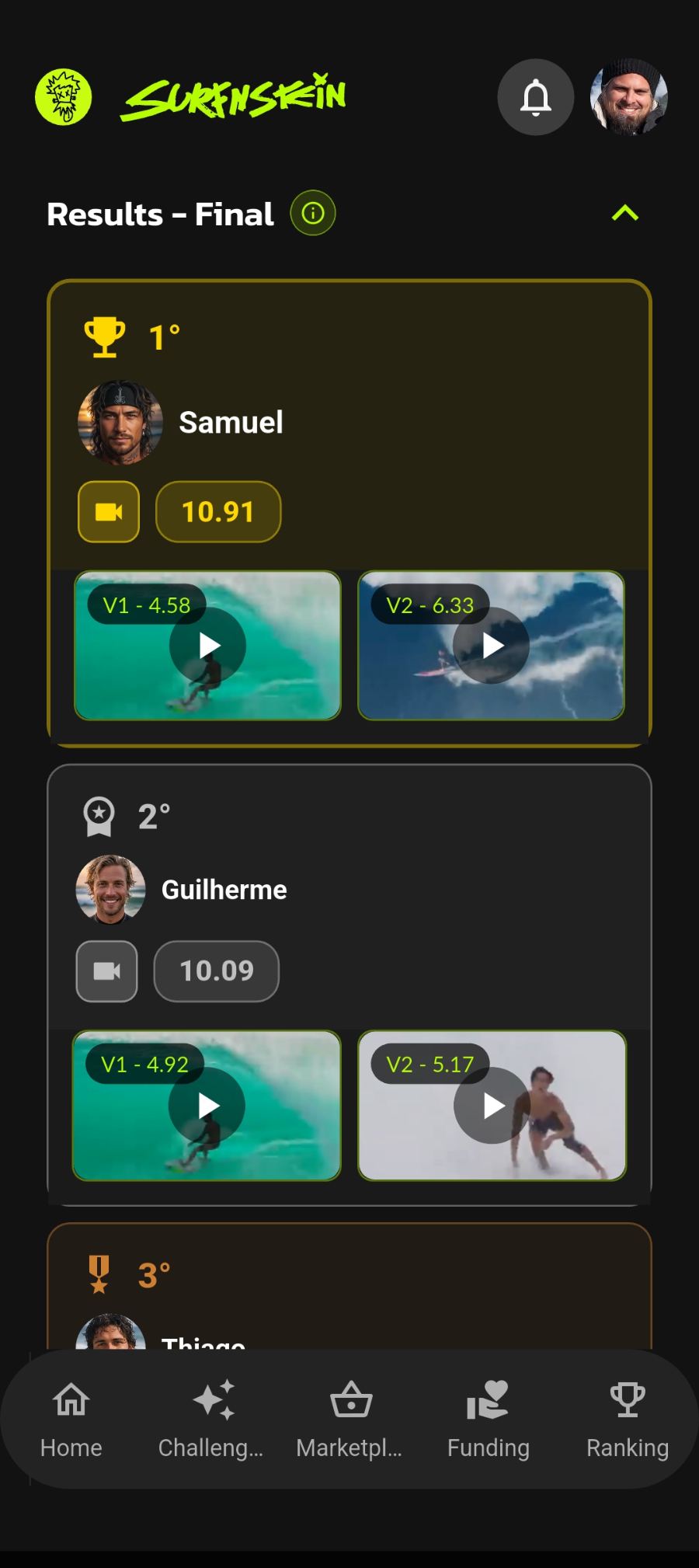 Tela de comunidade e rankings do app Surfnstein