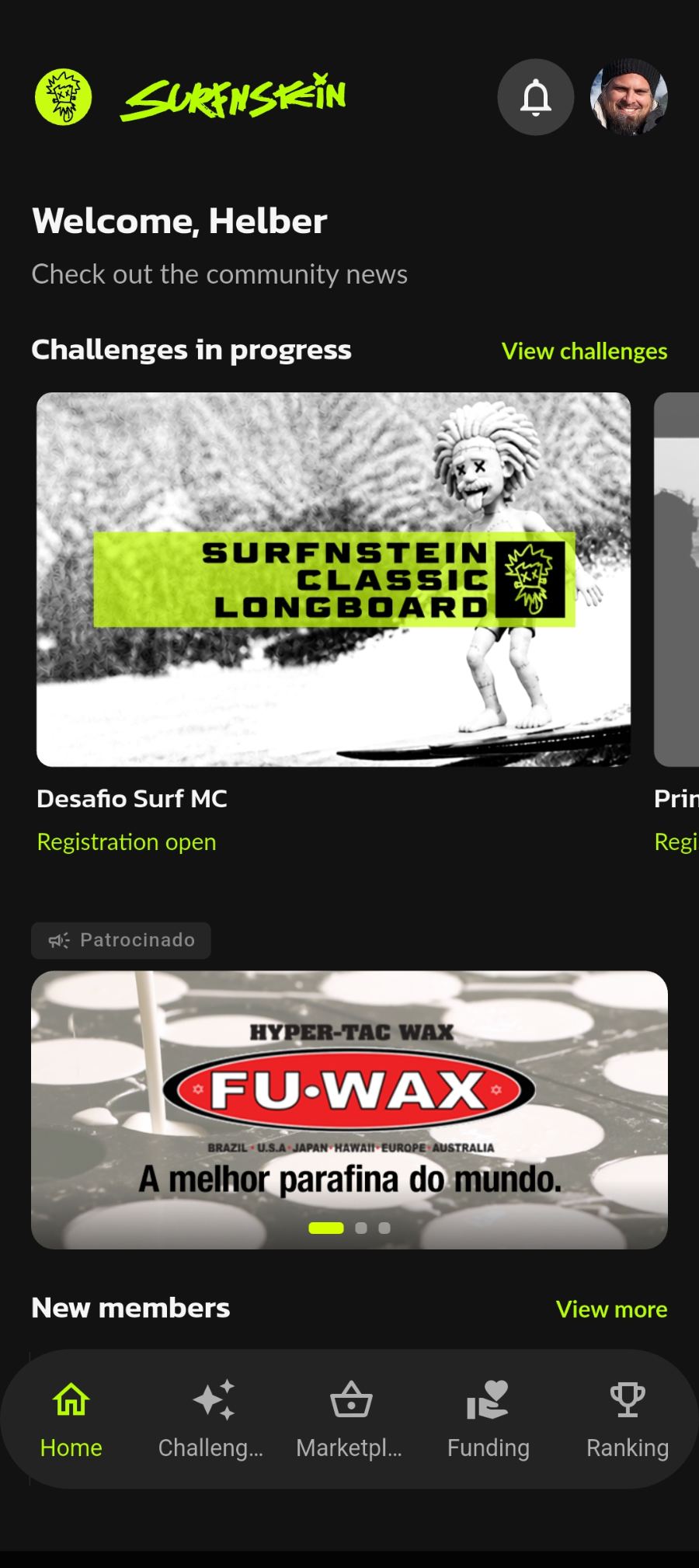 Tela de desafios do app Surfnstein
