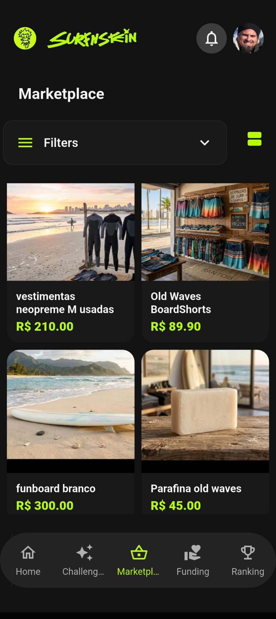 Tela da feira do surf do app Surfnstein