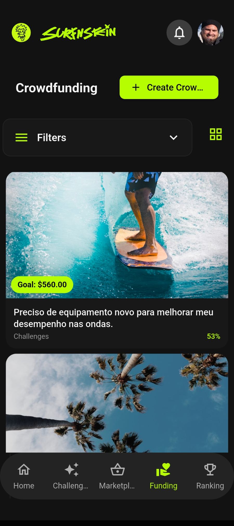 Tela de apoio à comunidade do app Surfnstein